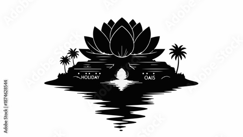 Serene lotus flower blooming over tranquil water reflecting a peaceful oasis sanctuary