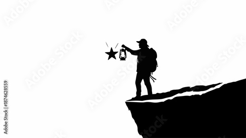 Adventurous silhouette reaching for a guiding star on a mountaintop cliff