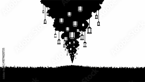 Mystical dark storm clouds descend, adorned with hanging lanterns, over a silhouetted landscape.