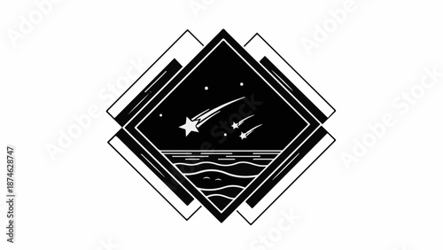 Celestial wonder of shooting stars over a serene ocean horizon, framed by geometric art.