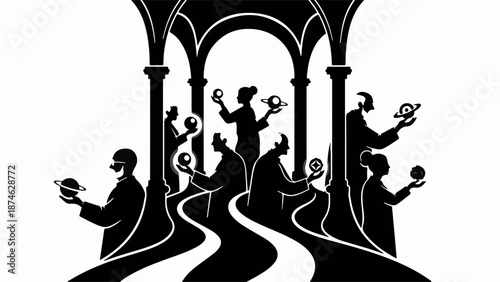 Figures contemplating celestial spheres in an arched hall, symbolizing knowledge and discovery.