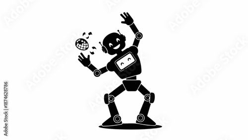 Playful robot happily tossing a ball in the air, celebrating with joy and energy.