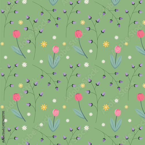 Spring Floral Seamless Pattern with Tulips and Wildflowers