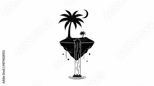 Surreal floating island with palm trees and waterfall under crescent moon