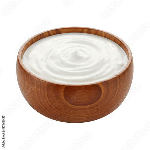 Wooden bowl with yogurt isolated on transparent background