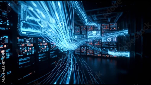 Futuristic data server room with glowing blue fiber optic cables and digital screens displaying complex analytics and network traffic visualizing abstract technology and information flow in a dark