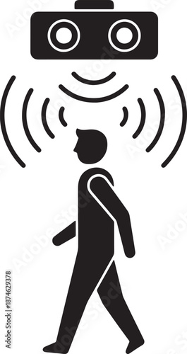 Black and white of a person walking under a surveillance camera with wireless signals also transparent background