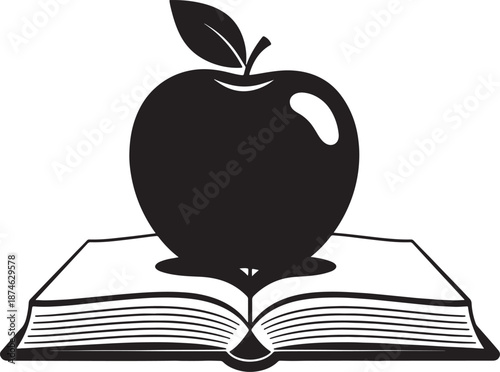Black and white of an apple on an open book also transparent background