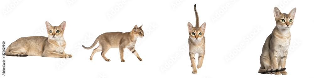 Obraz premium Set of Abyssinian Cat Elegant Short-Haired Breed Portraits, Ticked Coat Domestic Feline Collection, Active Exotic-Looking Pet Poses isolated on transparent PNG background