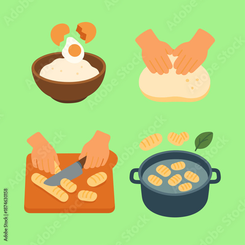 Gnocchi cooking process icon logo flat vector design
