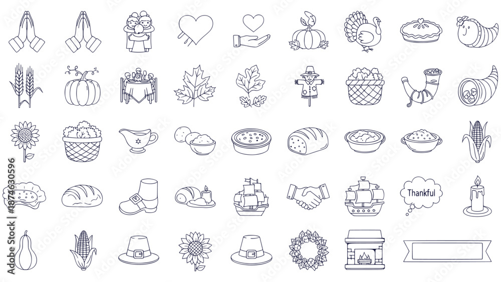 Fototapeta premium Hand Drawn Thanksgiving Holiday Icons Collection Outline Vector Set Harvest Season Elements