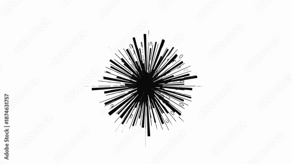 Obraz premium Abstract energetic burst of black lines radiating from a dark center on a clean white background.
