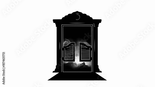 Mysterious dark doorway with dramatic clouds and glowing light, hinting at the unknown.