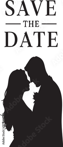 Silhouette of romantic couple embracing under save the date text in elegant typography