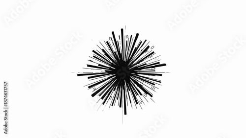 Abstract energetic burst of black lines radiating from a dark center on a clean white background.