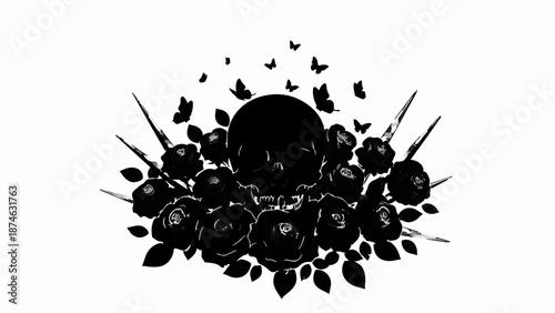 Dark gothic skull surrounded by black roses and fluttering butterflies