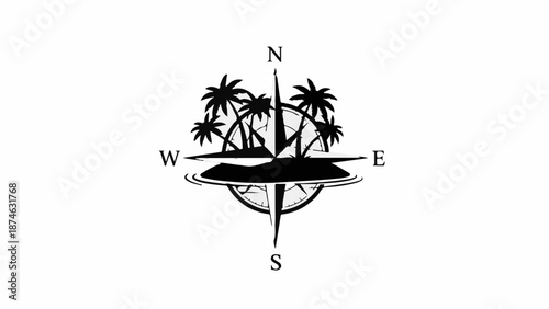 Tropical island paradise and compass symbolize adventure and travel.
