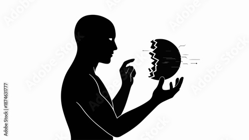 Silhouette of a person holding a fragmented sphere with abstract shapes and text elements.