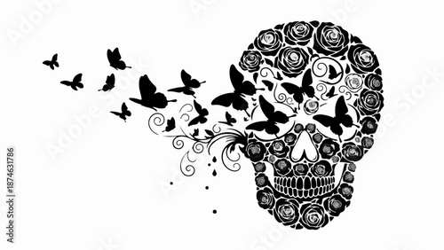 Artistic skull adorned with roses, with butterflies emerging and flying away, symbolizing transformation.