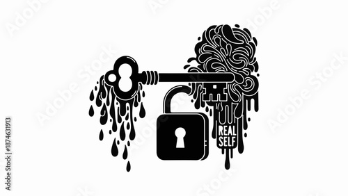 Vintage key unlocking a padlock, symbolizing freedom and self-discovery with dripping ink