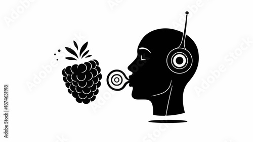 Silhouette of a person blowing a raspberry towards a stylized fruit.