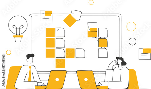 Two business professionals working on laptops in modern office setting with innovative ideas