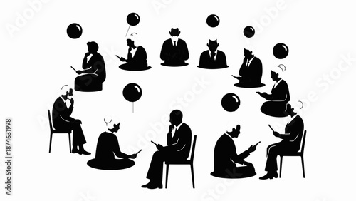 Diverse group of people in silhouette gathered in a circle, absorbed in their digital devices.