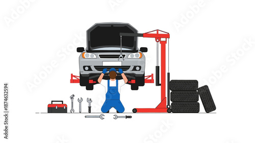 Mechanic repairing car in garage with tools and equipment