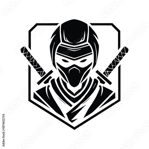 A striking black and white illustration of a masked ninja with dual swords