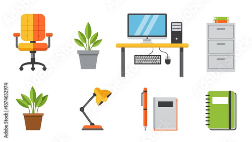 Modern office supplies and furniture collection: flat design elements for workplace setup