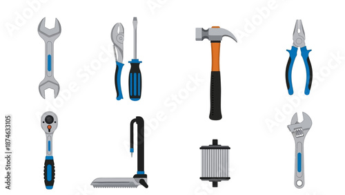 Set of hand tools with blue accents on white background for construction and repair