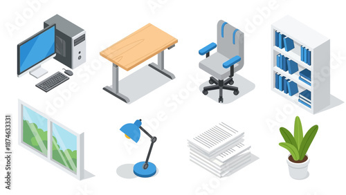 Modern isometric office furniture and equipment set for workspace design