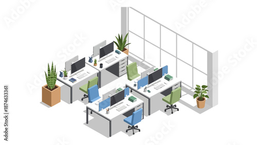 Modern office layout with isometric desks and computers in a bright workspace