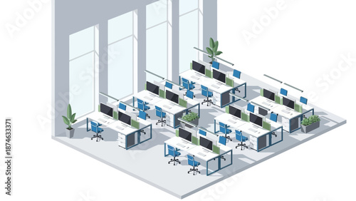 Modern open office interior with rows of desks and computers in isometric style