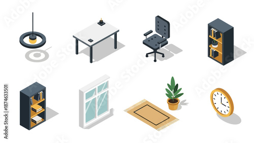 Modern office isometric set featuring furniture and decor elements for interior design