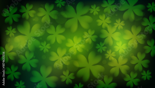 Abstract irish shamrock clover background with green bokeh lights. Vector illustration of st patricks day festive overlay with soft glowing lucky leaves for modern holiday design.