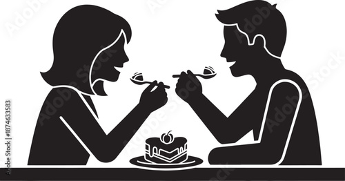 Couple sharing a slice of cake with cherry on using spoons silhouette dessert