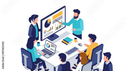 Wallpaper Mural Isometric office meeting with team analyzing data on digital screens Torontodigital.ca