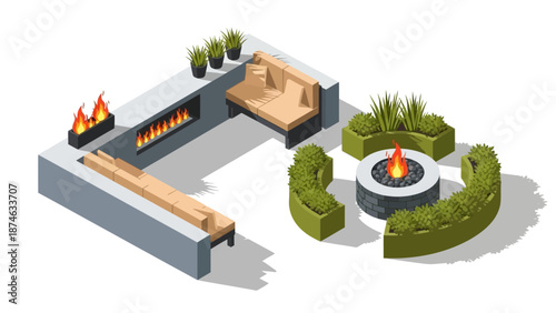 Modern outdoor lounge with fire pit and seating in isometric design