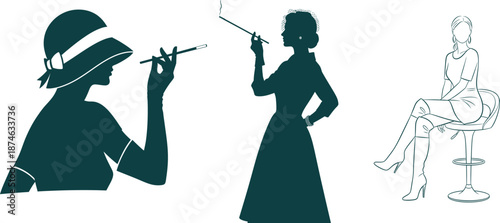 Vintage Fashion Silhouettes of Women Smoking and Sitting on White Background woman retro