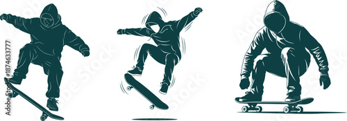 Dynamic Silhouettes of Skateboarders Performing Tricks on Skateboards skateboarding jump