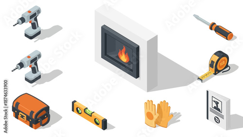 Isometric home improvement tools with fireplace and diy accessories