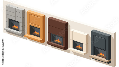 Isometric fireplace design collection featuring stone, wood, and modern finishes