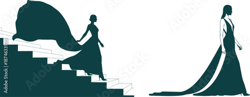 Fashionable Women Silhouettes on Stairs and Floor with Flowing Gowns on White Background woman