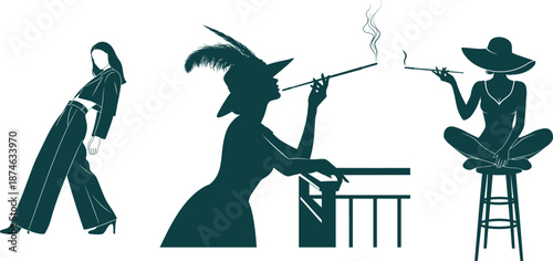 Silhouettes of Women in Stylish Outfits and Hats Smoking Cigarettes woman fashion