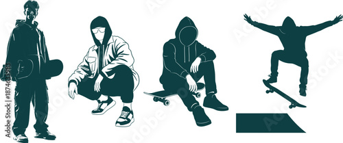 Skateboarder Silhouettes Showing Action and Poses on White Background skater skateboarding