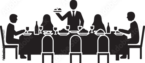 Waiter serving food to guests at a formal dinner party table