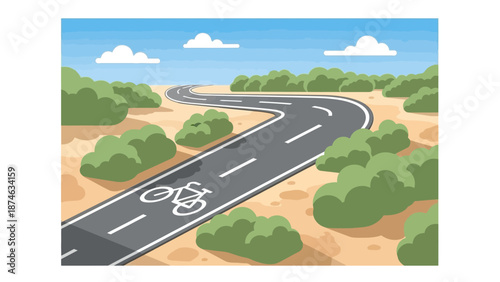 Winding road through desert landscape with bicycle lane
