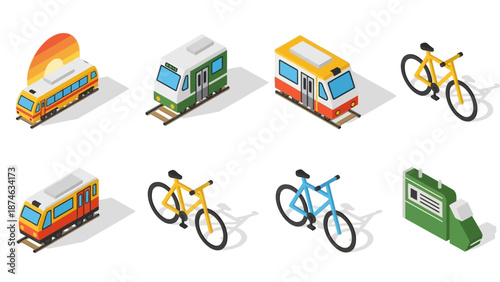 Isometric urban transport set with trains, bicycles, tram, and ticket machine