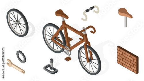 Isometric wooden bicycle assembly with parts and tools on white background
